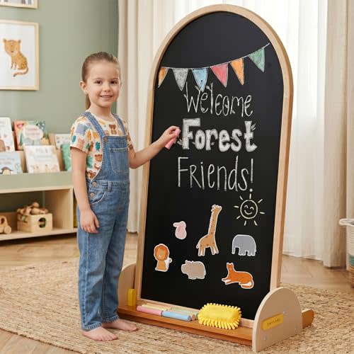 Tiny Land Kids Easel Large 22"x40.5" Writing Area Double-Sided Magnetic Chalkboard & Whiteboard, Wooden Arch Drawing Board with Stand, Toddler Art Easel with Letters & Animal Magnets
