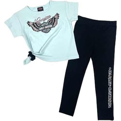 Harley-Davidson Baby Girls' 2 Piece Infant Pant Set w/Hair Tie, Teal/Black