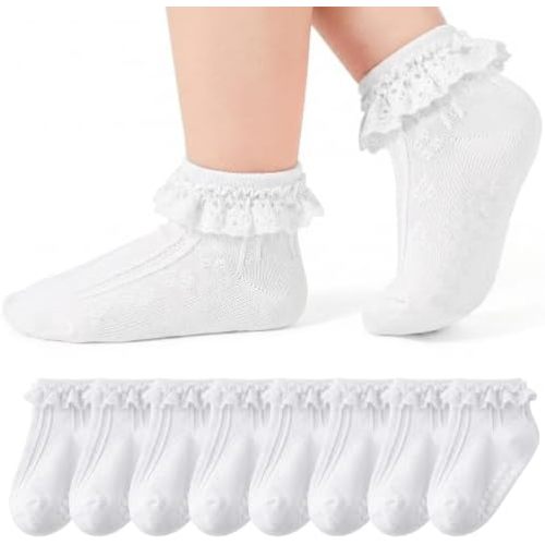 HONGTEYA 8 Pairs Non Slip Grip Ruffle Socks Cotton Newborn Baby Toddler Ruffle Grip Ankle Socks for Infant Girls