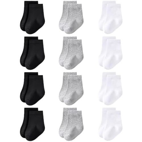 LO SHOKIM Baby Crew Socks 0-3 Months Newborn Infant Cotton Black White Dress Socks Baby Boys Girls Preemie Sock 12 Pairs