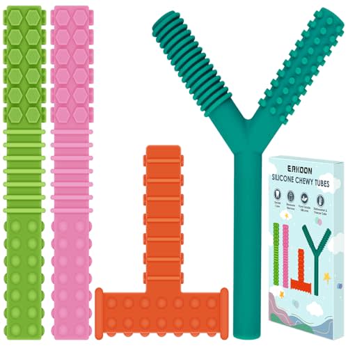 ERKOON Sensory Chew Toys for Autistic Children, 4 Pack Silicone Chewy Tube Oral Motor Tools for Sensory Kids with Autism, Biting, ADHD, SPD, Chewies with Special Needs, Teething Sticks Toys (4 Pack#1)