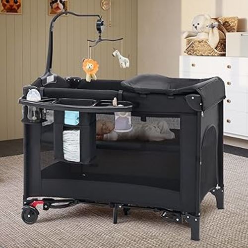 HARPPA Pack and Play 6 in 1, Portable Baby Playard for Travel, Baby Bassinet Bedside Sleeper with Mattress, Rolling Bassinet for Infant, Pack n Play with Changing Table, Bed Crib(Black)