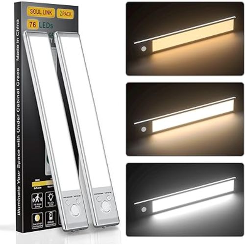 Under Cabinet Lights,76 LED Operated Motion Sensor Light Indoor,1500mAh USB Rechargeable Closet Lights, 2 Pack Magnetic Dimmable Closet Lights，Wireless Under Counter Lights for Kitchen, Stairs