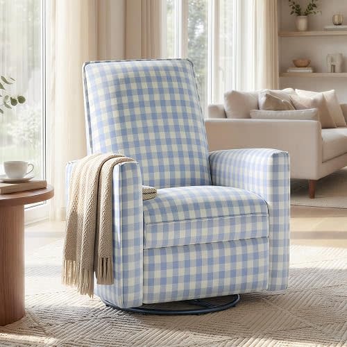 KISLOT Swivel Rocking Recliner Chair, Manual Nursery Glider, Blue Plaid