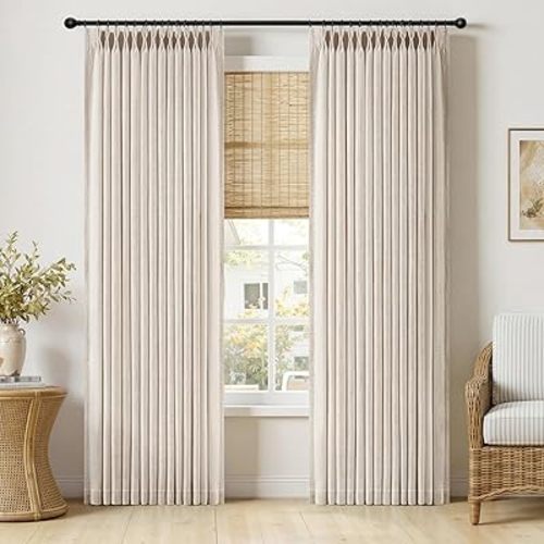 MIULEE Pinch Pleated Thick Linen Curtains 96 Inches Long 2 Panels for Living Room Bedroom, Memory Trained Pleat Drapes Light Filtering Cream Ivory Semi Sheer Window Curtains Hooks Rings Back Tab