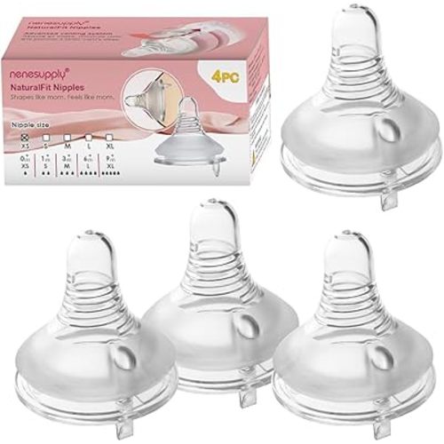 Nenesupply 4pc NaturalFit Baby Bottle Nipples Level 1 Flow 1 Size XS for 0 Month+ New Born Babies. New Born Flow Wide Neck Anti Colic Vented Valve Work with Nenesupply Bottles Lansinoh Spectra Bottles