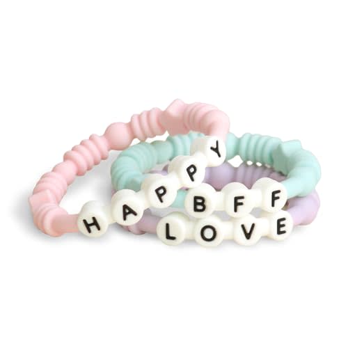 Itzy Ritzy Teething Rings - Set of 3 Textured, Silicone Rings for Ages 3 Months & Up - One-Piece Design with Adorable Messages (Pastel)