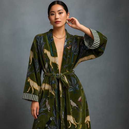 Reversible Jungle Velvet Kimono Robe: Organic Cotton Boho Jacket