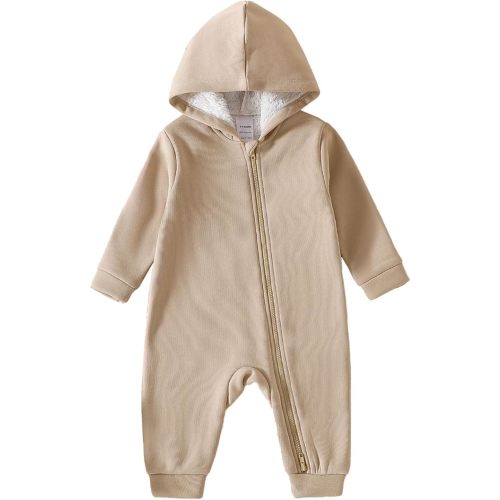 ROMPERINBOX Baby Boy Jumpsuit 2-Way Zipper Romper Hooded Fleece Lined Long Sleeve Footless Solid Outfits 0-24M
