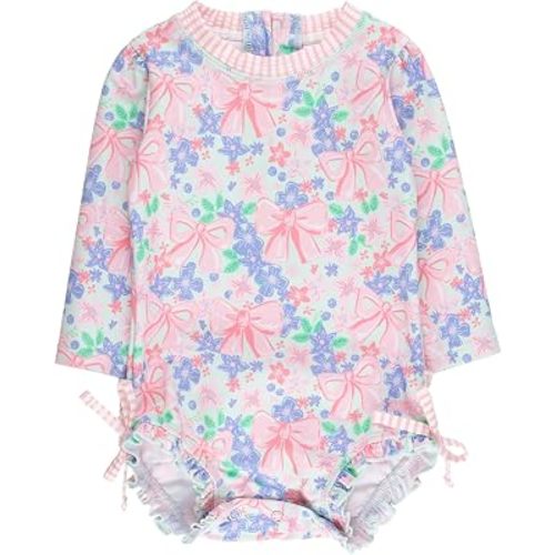 RuffleButts Baby Girls UPF 50+ Sun Protection Floral Printed Long Sleeve One Piece Rash Guard Swimsuit with Zipper