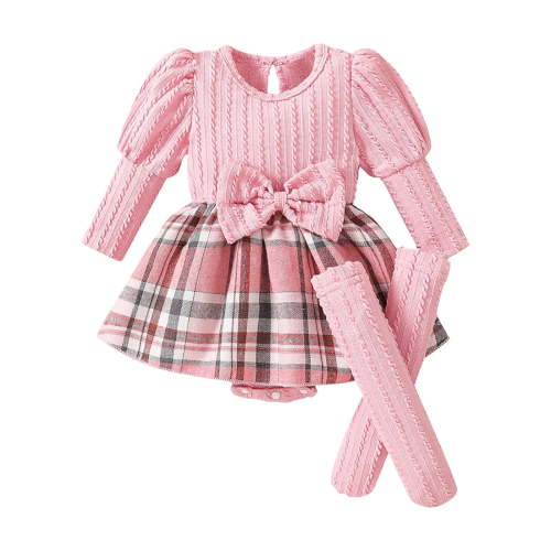 Ugoldhm Baby Girls 3-Piece Romper Set – Ruffle Long Sleeve Bodysuit with Plaid Skirt, Headband & Leg Warmers