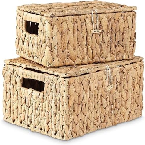 set of 2 wicker basket with lid - water hyacinth storage baskets, woven basket with lid for organizing, rectangular wicker storage basket with handles