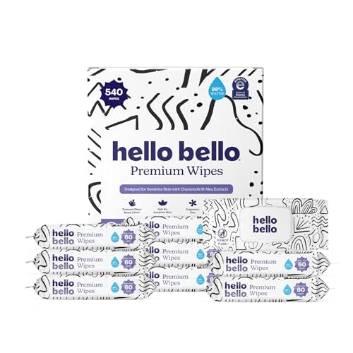 Hello Bello Premium Wipes, Designed for Sensitive Skin with Chamomile & Aloe Extracts, Playful Sketches (9 Resealable Packets = 540 Total Wipes)