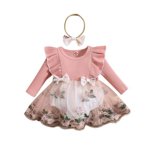 Bagilaanoe Newborn Baby Girl Fall Romper Dress Embroidery Long Sleeve A-line Princess Dresses + Headband 3M 6M 12M 18M 24M Infant Patchwork Tulle Skirt