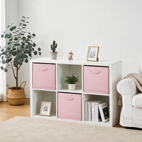 6-Pack 13 Inch Fabric Storage Bins With Faux Leather Handles, Collapsible Cube Organizer For Shelves Clothes Toys Home Office Nursery, Pink