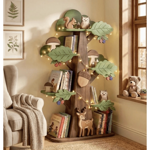 Handmade Woodland Tree Bookshelf | Forest Nursery Montessori Book Storage (Personalized Name)