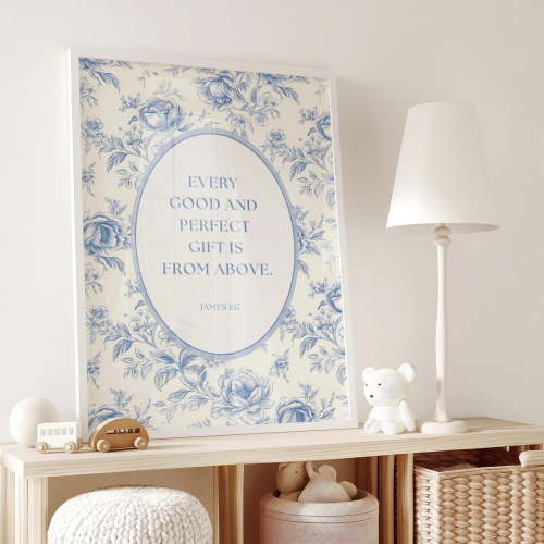 Modroom Blue Floral Toile Baby Shower Decoration Boy Nursery Poster Cottagecore Christian Nursery, Modern Wall Art Decor, 8x12 UNFRAMED