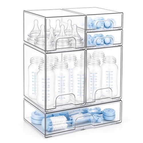 Clear Baby Bottle Organizer, 6-Piece Modular Stackable Acrylic Bins Set | BPA-Free Heavy-Duty Acrylic; Fits Breast Pump Parts, Nipples & Pacifiers; Space-Saving Nursery Cabinet & Drawer Organizer
