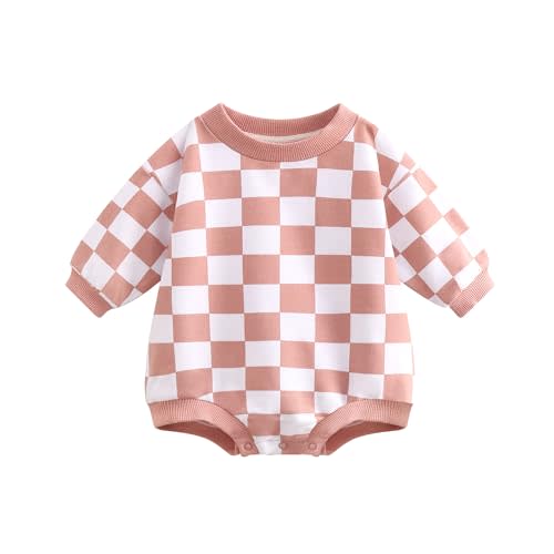 Bafeicao Baby Boy Girl Checkerboard Sweatshirt Romper Organic Cotton Checkered Bubble Romper Oversized Long Sleeve