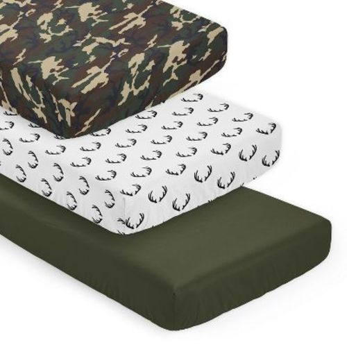 Sweet Jojo Designs Boy Fitted Crib Sheets Woodland Camo Beige Green and Black 3pc