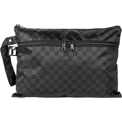 Bumkins Roamio Waterproof Wet Dry Clutch Bag for Baby, Travel, Swim Suits, Cloth Diapers, Pump Parts, Pool, Gym Clothes, Toiletry, Hook to Stroller, Pack for Daycare, Zip Bag Pouch, Black Check