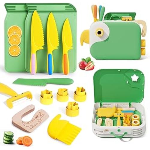 Kids Kitchen Knife Set for Real Cooking with Storage Box Green, Montessori Kitchen Toy with Cutting Board, Plastic Toddler Knives, Peeler, Wooden Safe Knife for Age 3 4 5 6 7 8