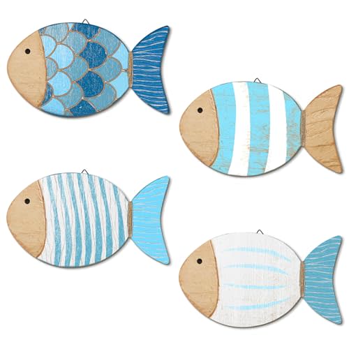 Putuo Decor 4 Pcs Wood Fish Wall Art, Nautical Beach Decor, Wooden Fish Hanging Sculptures, Blue (10 In)