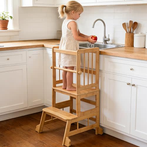 HBTower Toddler Standing Tower, Kids Kitchen Step Stool with Safety Rails | Stable Toddler Learning Tower for Kitchen Counter with Anti-Slip Feet, Hold Up to 450 LBS, Natural Bamboo & Easy to Clean