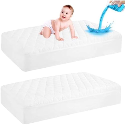 2 Pack Waterproof Crib Mattress Protector, Quilted Baby Mattress Cover Fitted Deep Pocket from 4" up to 9", Extra Soft Breathable & Noiseless Toddler Mattress Pad 52"x28", White