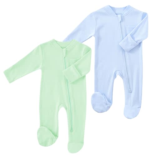 HahaNice Baby 2 Way Zipper Girls Boys 100% Cotton Footed Sleep and Play with Mitten Cuffs 0-12 Months
