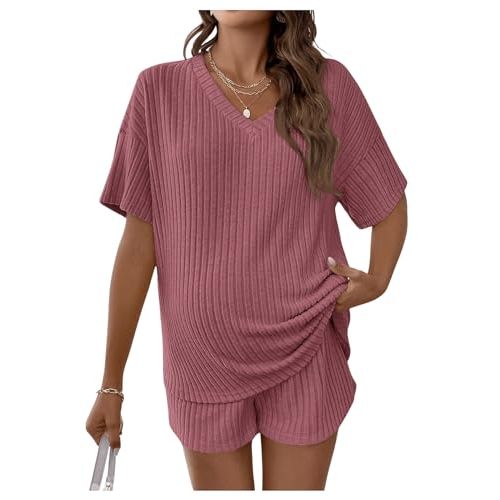 MakeMeChic Women's Maternity Pajamas Lounge Sets 2 Piece Outfits Short Sleeve Rib Knit Tops and Shorts Sets Pregnancy Clothes