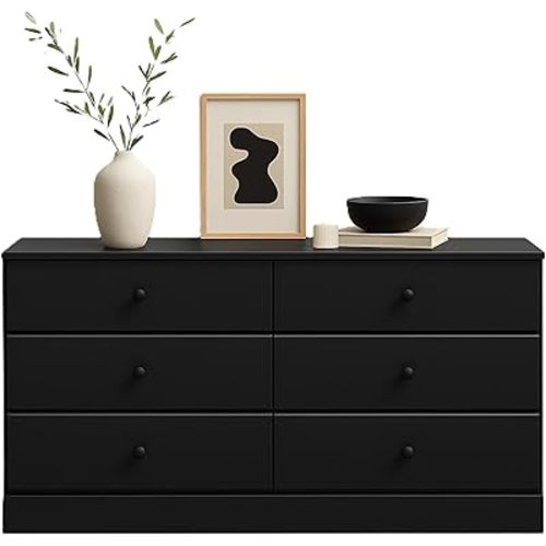 Prepac Astrid 6 Drawer Double Dresser for Bedroom, Wide Chest of Drawers, Bedroom Furniture, Clothes Storage and Organizer, 15.5" D x 47.5" W x 26.85" H, Black
