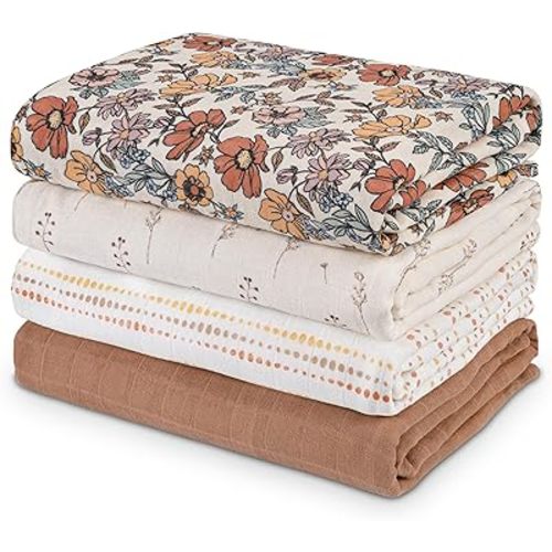 Muslin Swaddle Blankets for Newborn, 4 Pack Organic Cotton Baby Blanket, Large 31.5 x 43.3 inch Breathable Soft Receiving Blanket, Essentials Swaddle Wrap Burping Clothes, Vintage Flowers