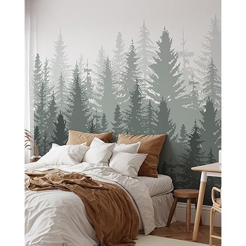Green Landscape Wallpaper | Foggy Forest Peel and Stick Mural | Pine Tree Self Adhesive or PrePasted Removable Wall Decor (1 roll 24" W x 96" H)