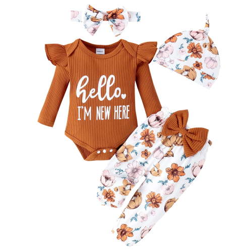 WIBACKER Newborn Baby Girl 4Pcs Outfit, Infant Girl Outfits Long Sleeve Ruffle Romper + Floral Pants + Headband +Hat Set Clothes