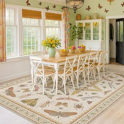Hazo Haus Beige Dining Table Rug - 6x9 Area Rugs for Bedroom, Living Room, Cute Kids Room, Large Fun Insect Butterfly Vintage Non-Slip Décor, Low Pile Stain Resistant