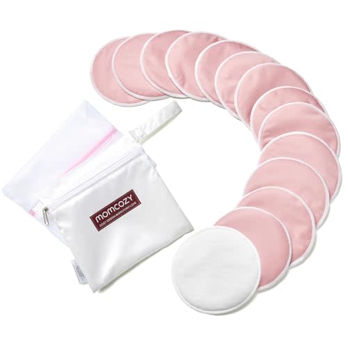 Momcozy Reusable Nursing Pads, Innovative Use of One Way Moisture-Wicking Fabric & 3-Layer Washable Breast Pads, Ultra-Thin Design, Light and Unburden, 14 Pack + Wet & Dry Separation Bag + Wash Bag