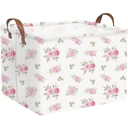 Rectangular Rose Pink Flower Basket for Girls,Waterproof collapsible laundry basket for girls,Kids Storage Baskets,Books Box,Gift Baskets,Baby Room Decor(Pink Flowers)