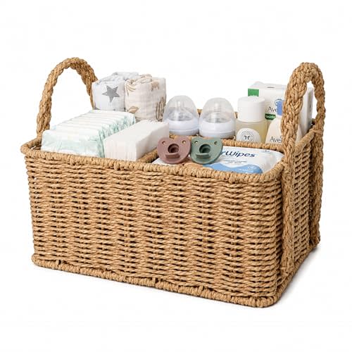 Diaper Caddy Organizer, Paper Rope Storage Baskets Nursery Bin with Removable Divider, Portable Car Organizer for Diapers, Baby Shower Gifts, Newborn Essentials Must Haves