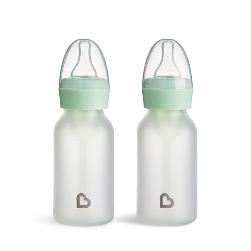 Munchkin Bond Silicone Coated Glass Baby Bottles - Anti-Colic Feeding System with Natural Feel Nipples, 4 Ounce, 2 Pack, Mint/Green