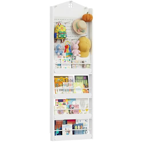 HOOBRO Behind The Door Bookshelf, Wooden Behind Door Bookshelf, 4-Tier Space Saving Behind The Door Bookcase with DIY Pegboard, Kids Wall Bookcase for Kids Room, Bedroom, Nursery, White WW192CW01