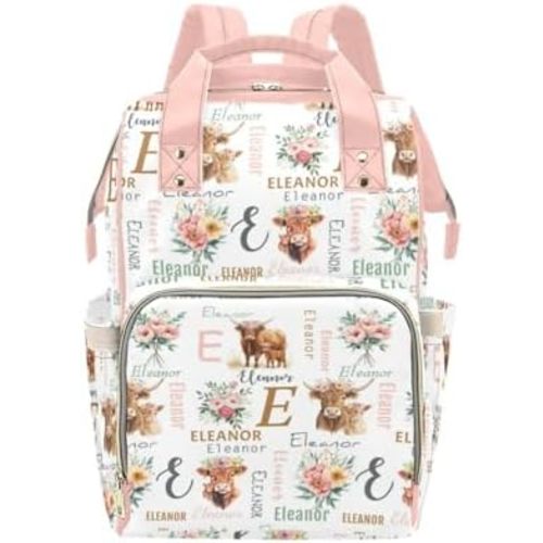 Personalized Highland Cattle Diaper Bag for Girls, Custom Mommy Daypack with Name, Customized Cute Cow Diaper Backpack for Women, Travel Backpack for Mom Mommy, Gifts for New Mom Mother
