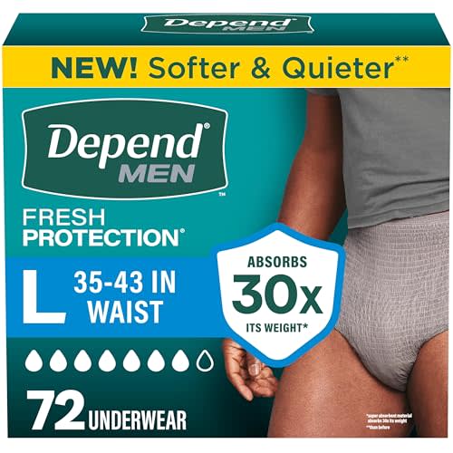 Depend Fresh Protection Adult Diapers for Men, Large, 72 Count | Grey, Disposable, Incontinence Underwear for Men, Feels Like Real Underwear