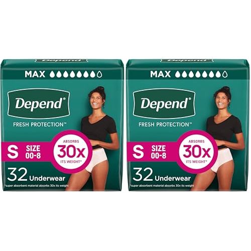 Depend Incontinence Underwear, Women, Small, 64 Count | Maximum Protection | Blush | Disposable