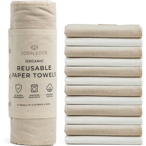 EcoPledge Reusable Paper Towels Washable Roll - Thick 12-pc Two Layered Ultra Absorbent Paperless Certified Organic Cotton Towels - Large Cloth Kitchen Paper Towel with Hanging Loop