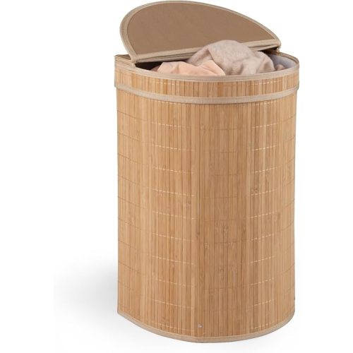 Giantex Bamboo Laundry Hamper with Zippered Lid, 16 Gal Large Capacity Clothes Hamper w/Removable Liner, Half Moon Laundry Basket for Bedroom, Bathroom, Laundry Room (Natural)