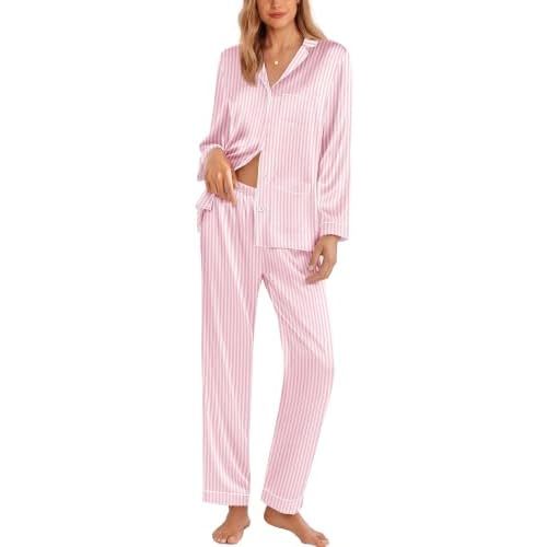 Ekouaer Pajamas for Women Silk Satin Button Down Long Sleeve Pajama Sets