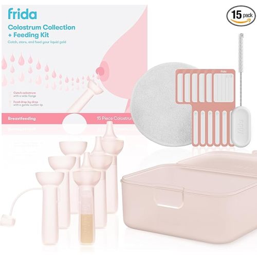 Frida Mom Colostrum Collection Kit, Catch, Store & Feed Breastmilk, Includes 6 Colostrum Collectors, 6 Labels, Cleaning Brush, Cloth & Case, Hospital Bag Ready, Safe Materials, 15pc kit