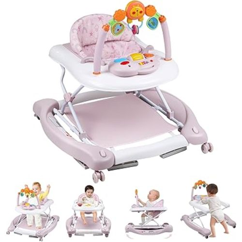 Baby Walker, 5 in 1 Baby Walkers for Boys Girls 6-12 Months, Foldable Walkers for Babies with Bouncer & Feeding Tray, Music, Adjustable Heights, Activity Walker for Infant