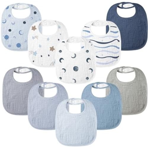 Bearmoss 100% Cotton 10 Pack Muslin Baby Bibs for Drooling and Teething
